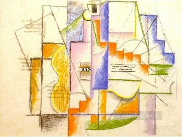Botella de bajo y guitarra 1912 Pablo Picasso Pinturas al óleo